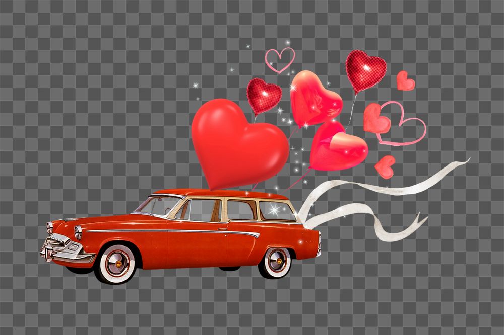 Valentine's celebration car png, floating heart balloons editable collage art