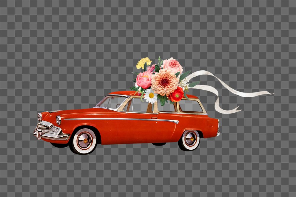 Wedding getaway car png, flower bouquet editable remix