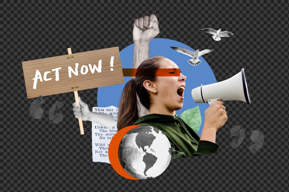 PNG element act now, environment activism photo collage, editable design