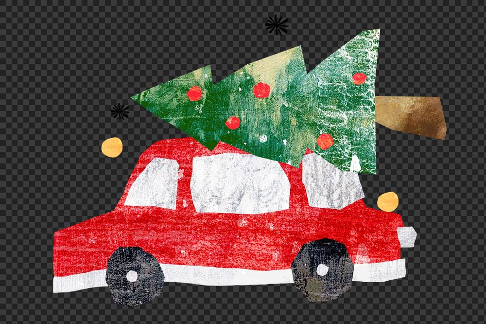 Christmas tree on car, paper craft collage, editable design