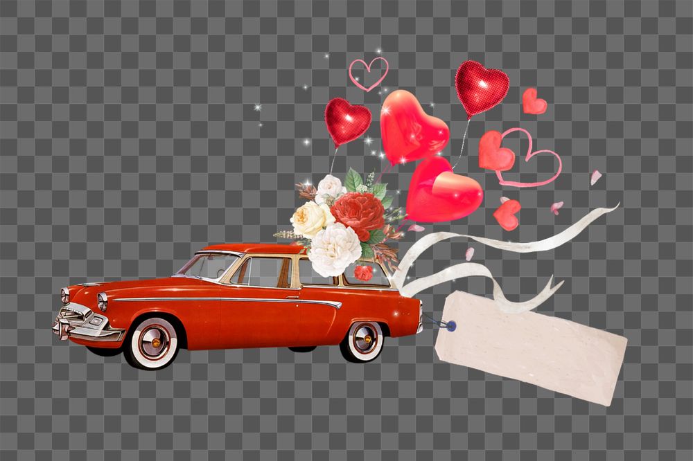 Wedding getaway car png, heart balloons editable remix