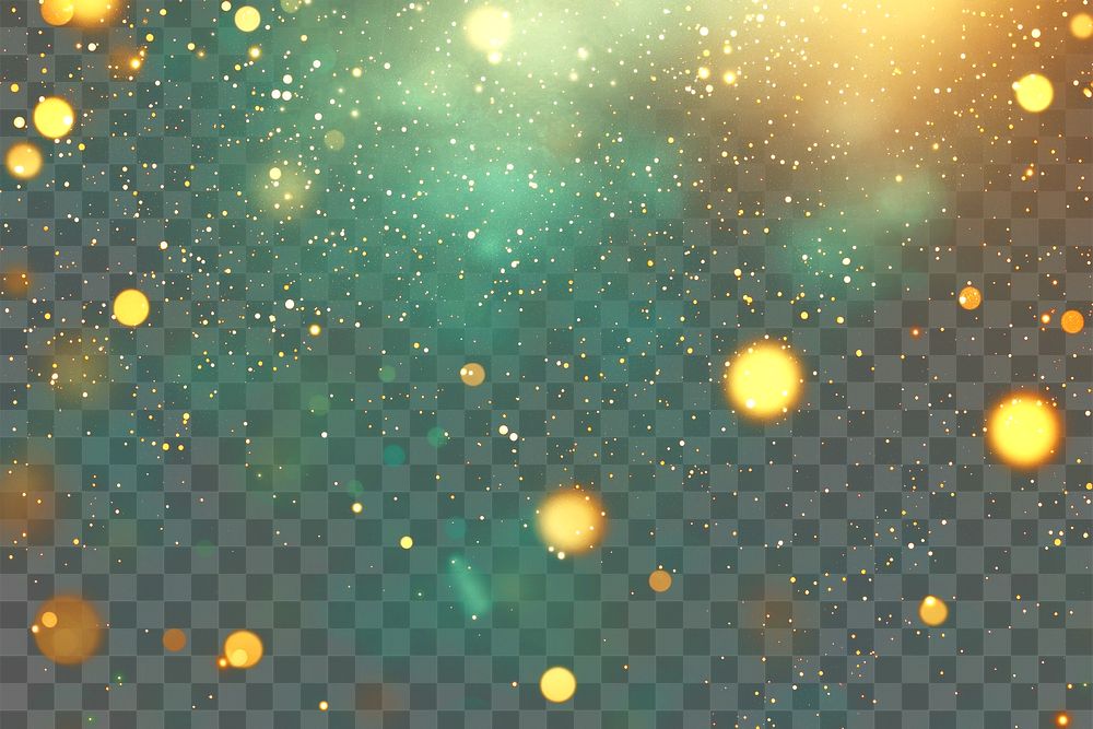 PNG Abstract background with golden bokeh lights and glitter on a dark green backdrop abstract festive night.