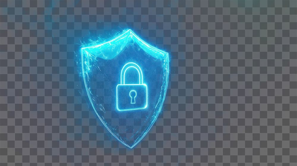 PNG Glowing blue shield security digital lock.