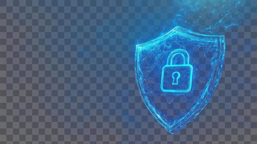 PNG Glowing blue shield security digital lock.