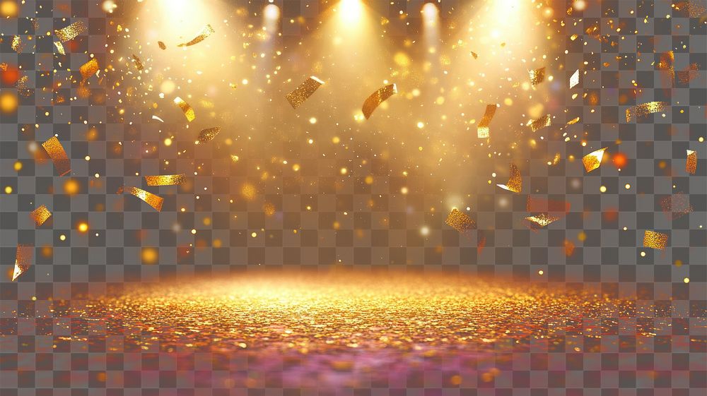 PNG Stage with spotlights shining down confetti celebration background.