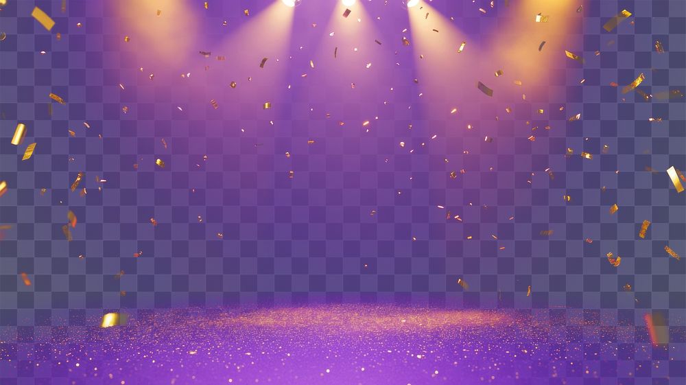 PNG Stage with spotlights shining down confetti celebration background.