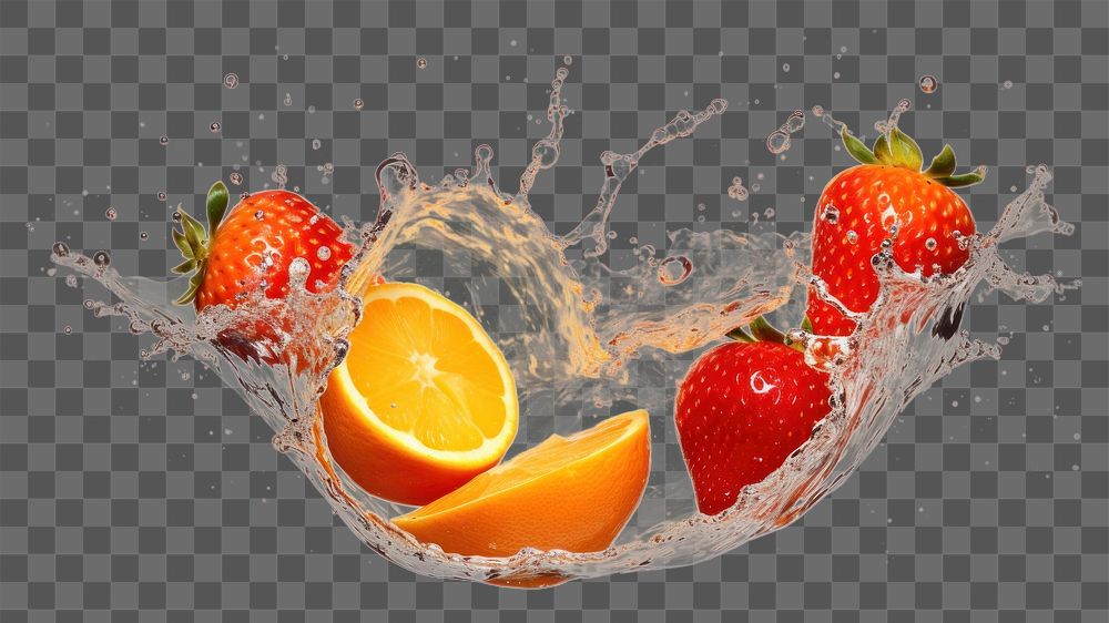PNG  Orange and strawberry floating falling fruit food.