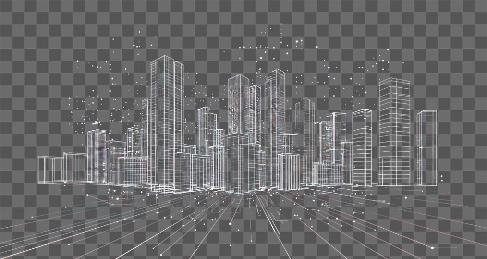 PNG Digital line illustration of smart city buildings urban night architecture.