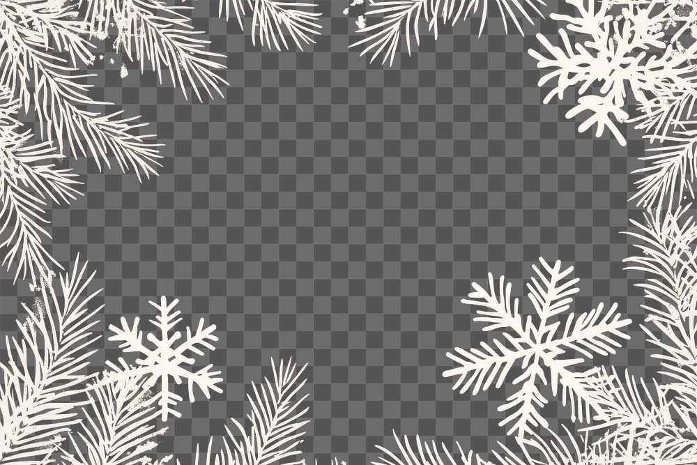 PNG White cartoon snowflake frame and corner fir branches illustration winter theme.