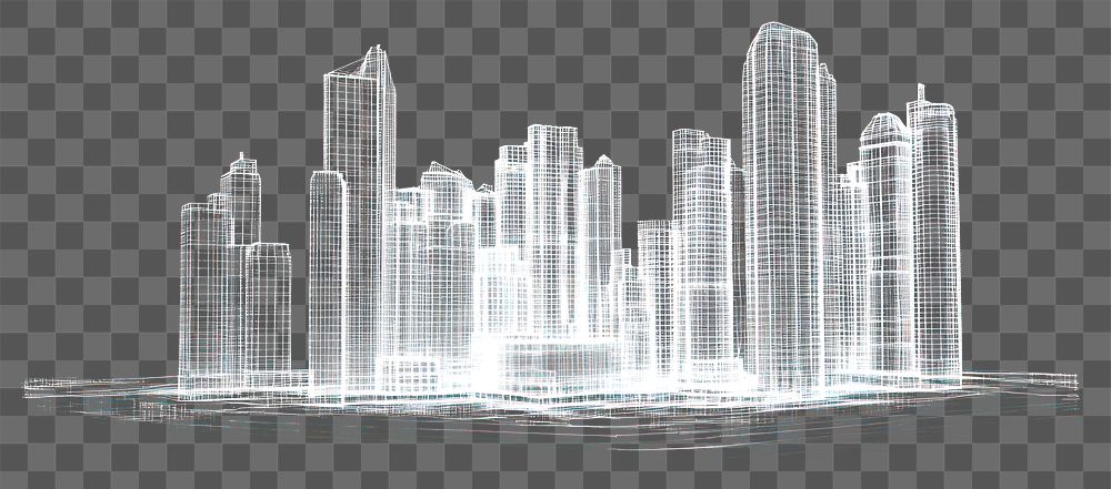 PNG Glowing wireframe of buildings architecture futuristic urban.