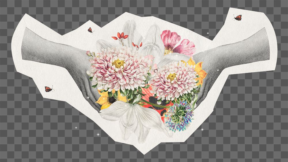 Png hand holding flowers sticker, rough cut paper effect, transparent background