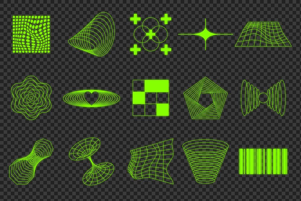 Neon wireframe png shapes sticker set on transparent background