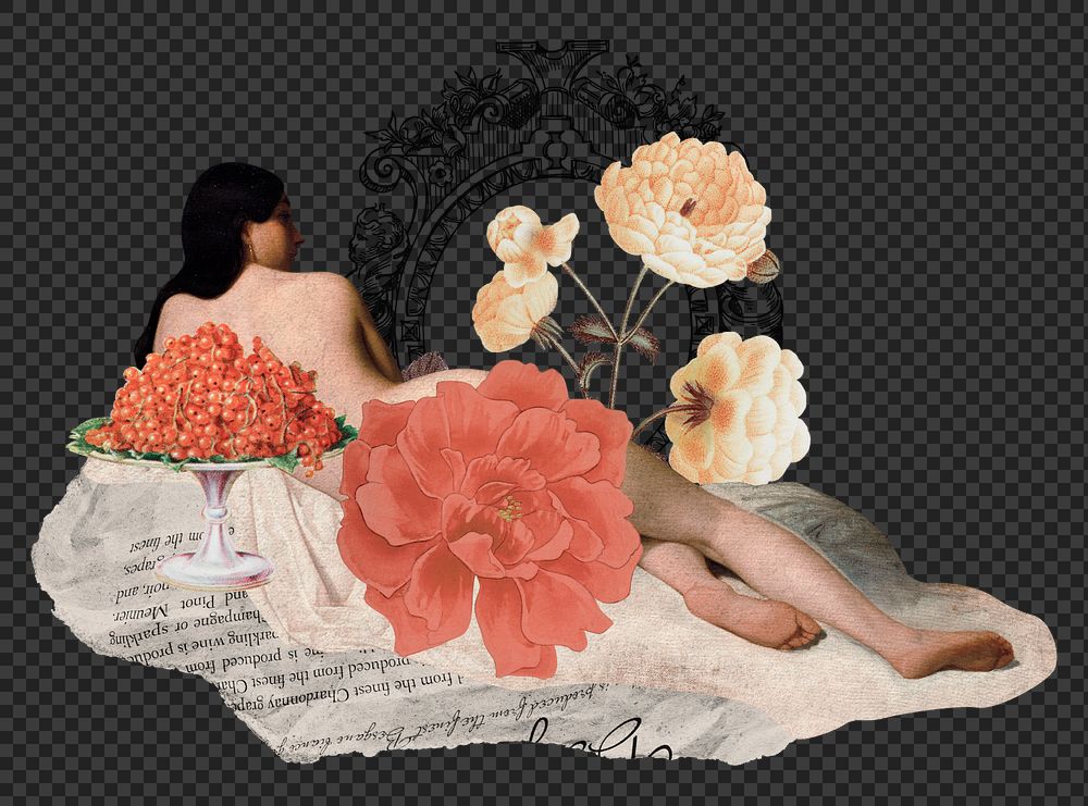 Vintage floral png woman ephemera sticker, transparent background