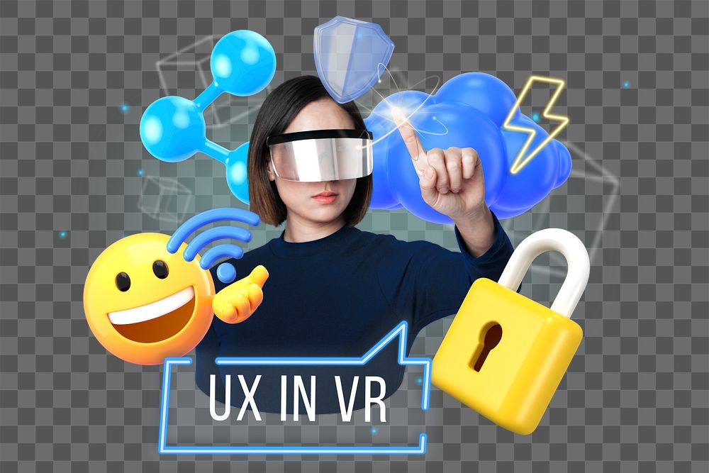 UX in VR png word element, 3D collage remix, transparent background