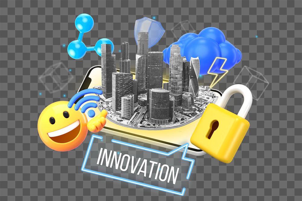 City innovation png word element, 3D collage remix, transparent background