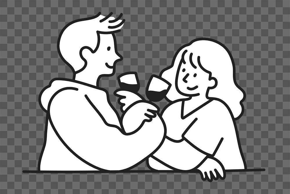 Doodle couple drinking wine png illustration, transparent background