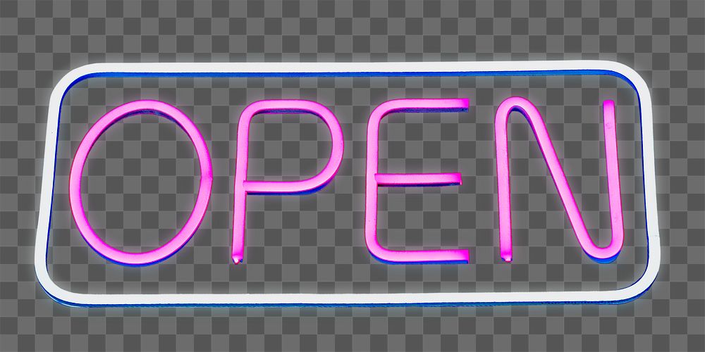 Png open neon sign, isolated object, transparent background