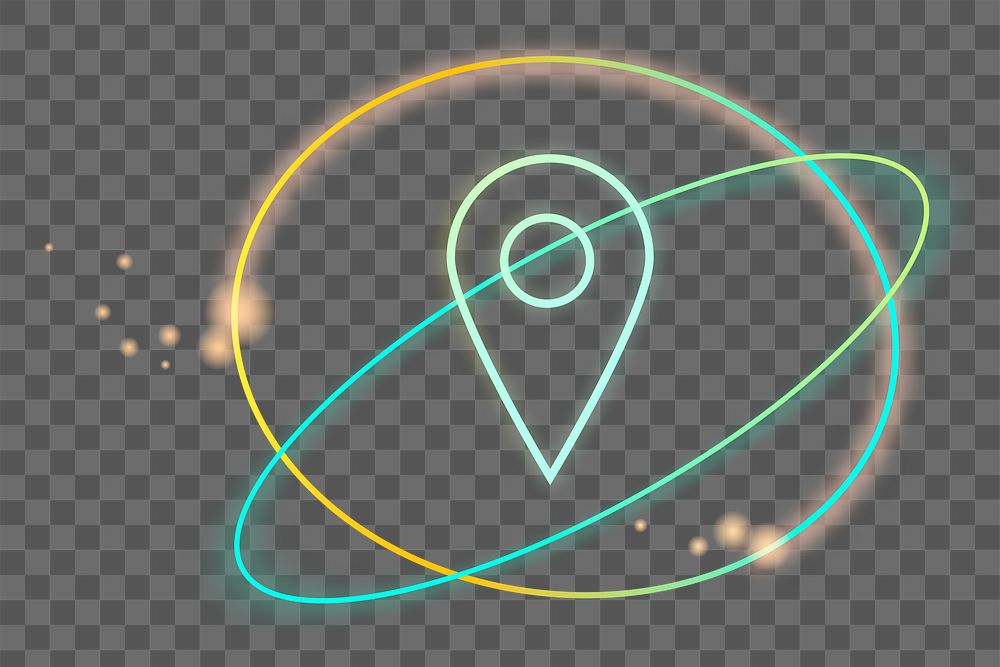 Png neon location pin icon, transparent background