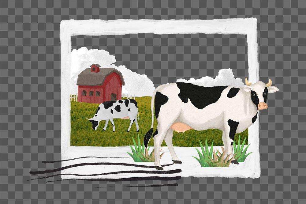 Aesthetic cows png farming instant photo frame sticker, transparent background