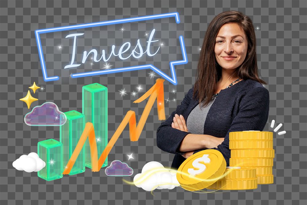 Invest, finance png word element, 3d remix, transparent background