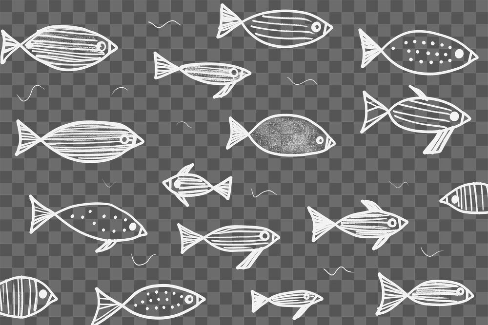 PNG black texture background with white crayon minimal abstract *fish illustrations*, in the style of playful animation…