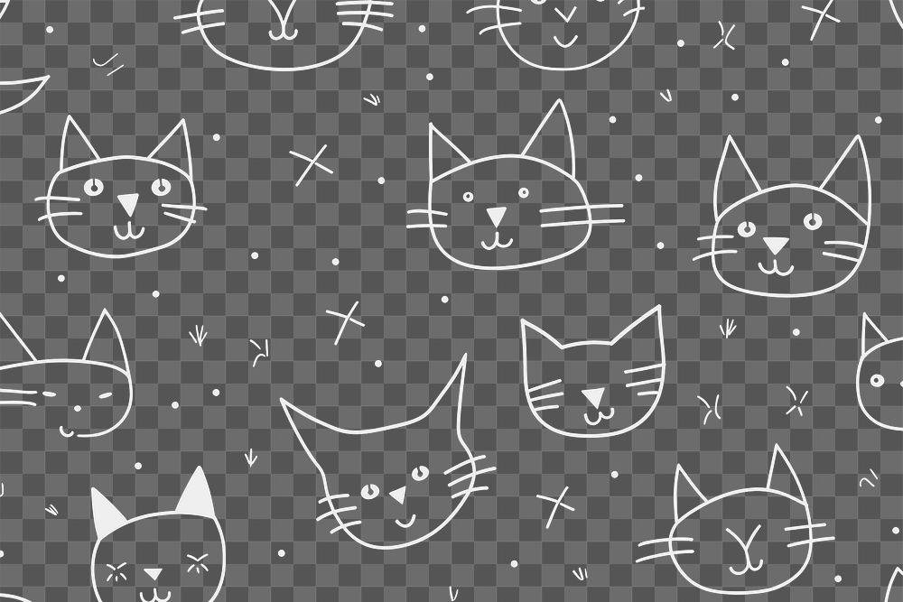 PNG black texture background with white *minimal memphis cats illustrations*, in the style of playful animation drawing…