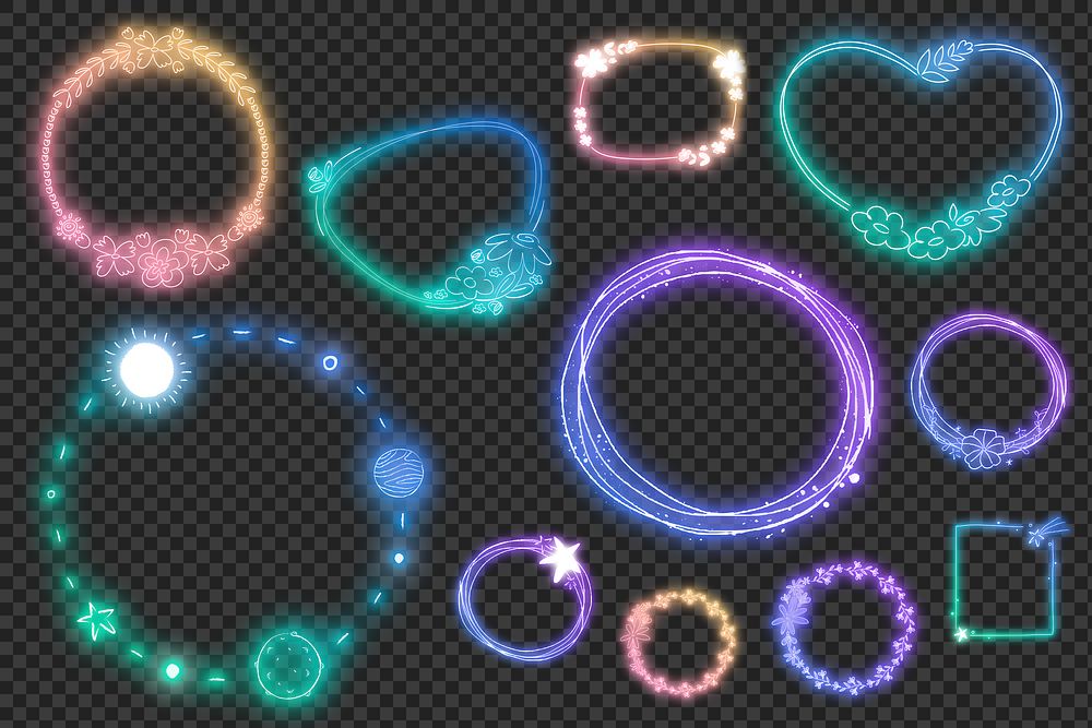 Png colorful neon floral frame set