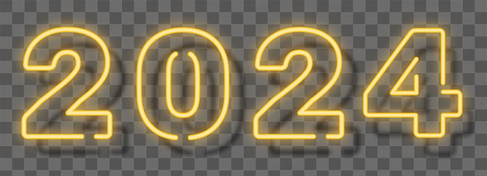 2024 png, yellow neon new year text