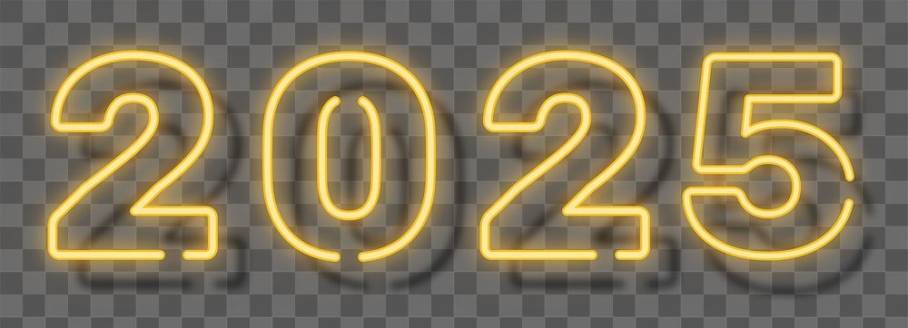 2025 png, yellow neon new year text