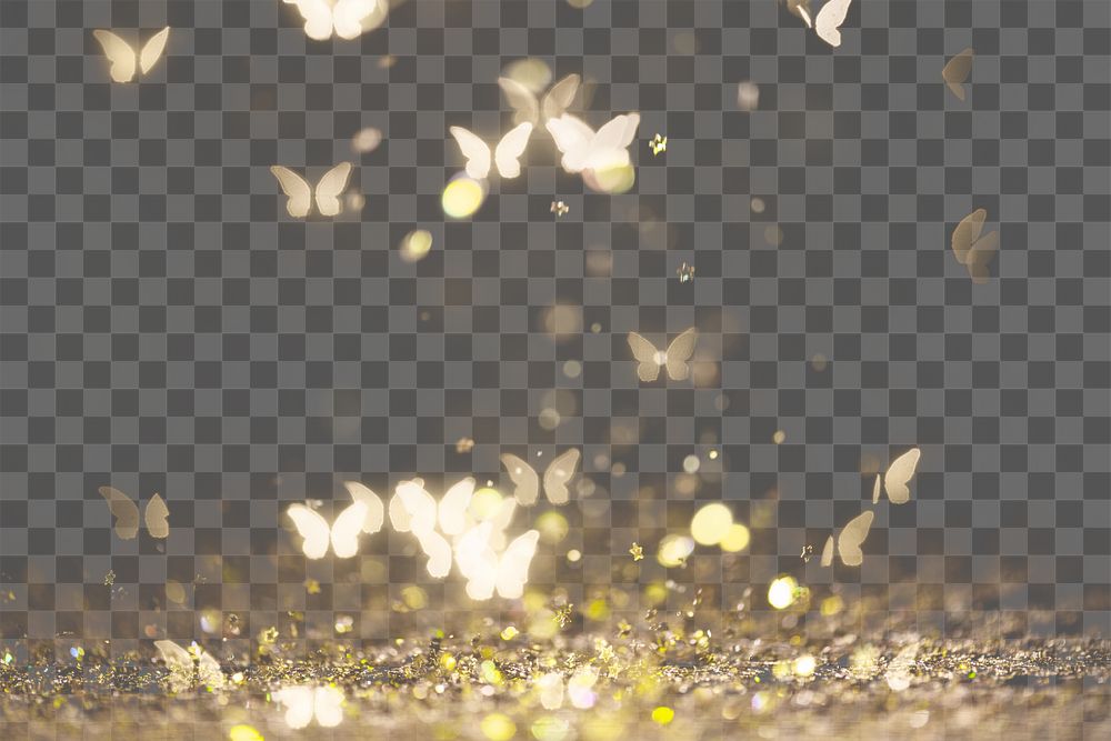 Gold glitter butterfly png bokeh sequin confetti on transparent background