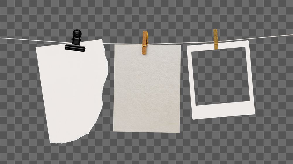 Cute papers png hanging on clothing line, transparent background