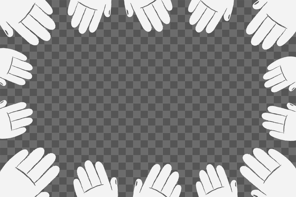 Hand palm frame png transparent background, doodle in black and white