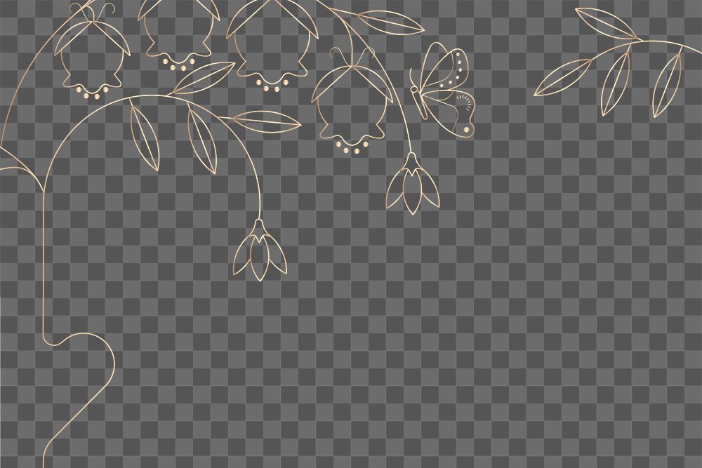 Png gold flower line art border, transparent botanical sticker illustration