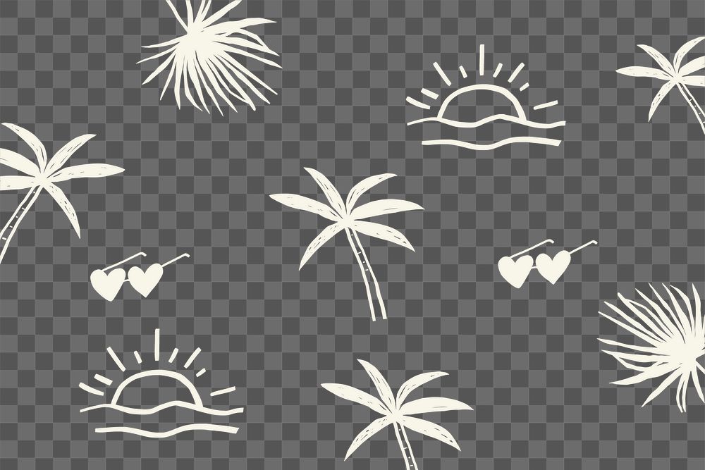 Png tropical motifs with waves, tropical plants, and summer accessories 