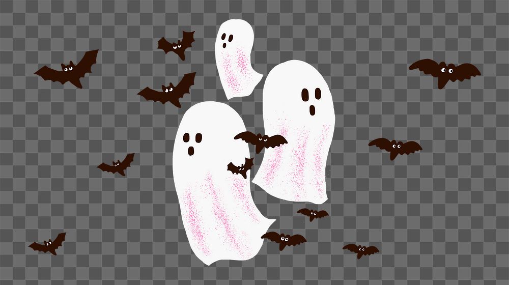 Halloween PNG sticker, hand drawn white ghosts and bats doodle