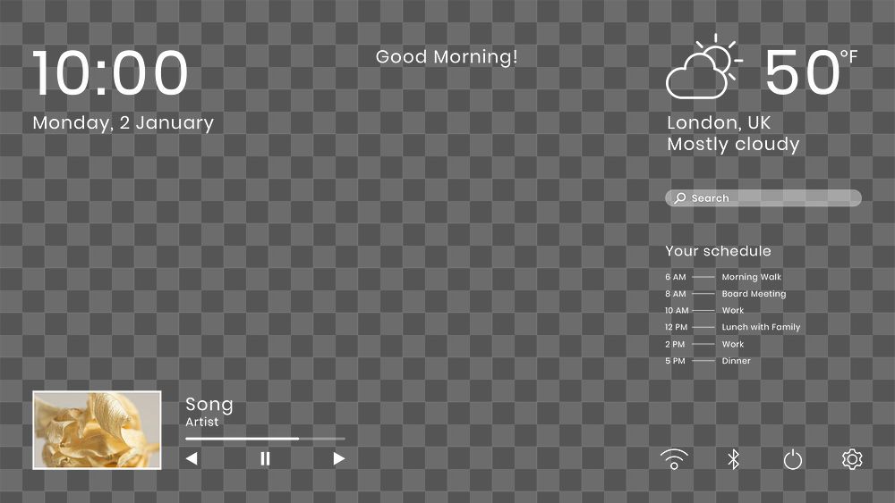 PNG desktop screensaver transparent background with date, time and weather forecast