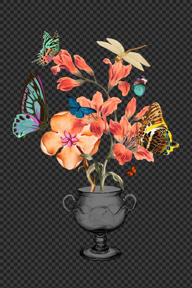 Flower and butterfly png, vintage botanical illustration. Remixed by rawpixel.