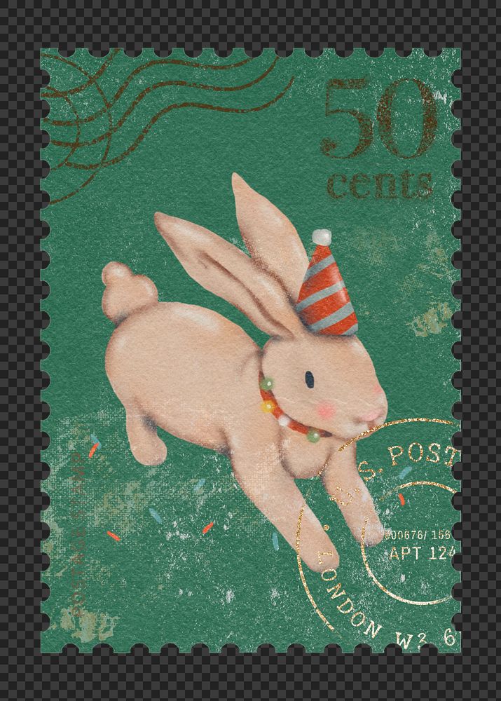 PNG postage stamp mockup element, Christmas bunny transparent background