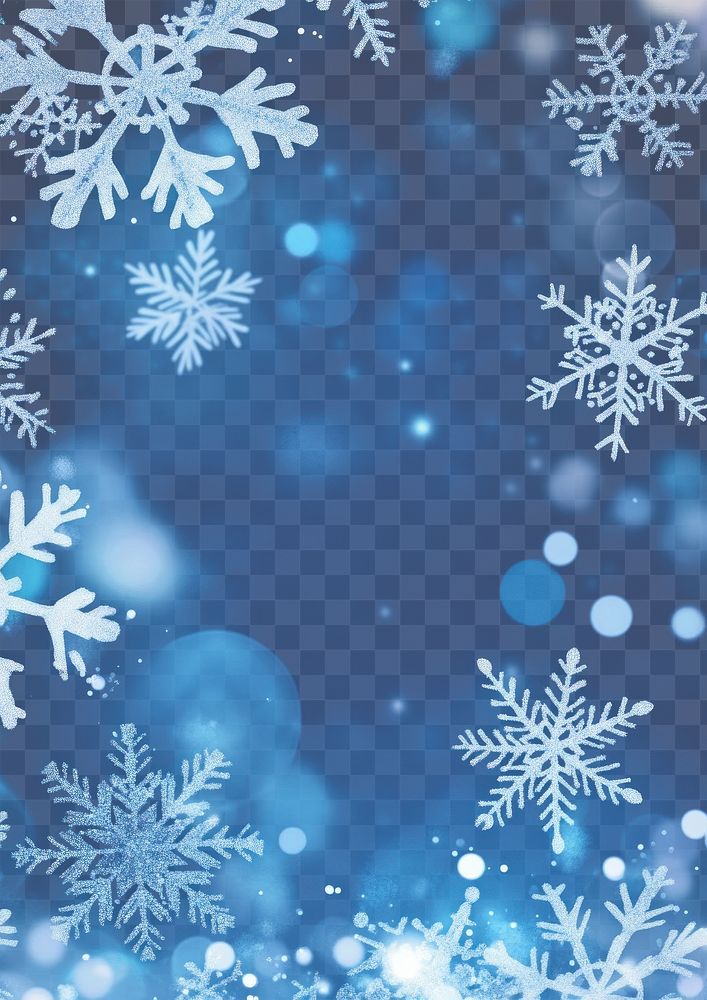 A blue background with white snowflakes and bokeh lights blackboard outdoors nature.