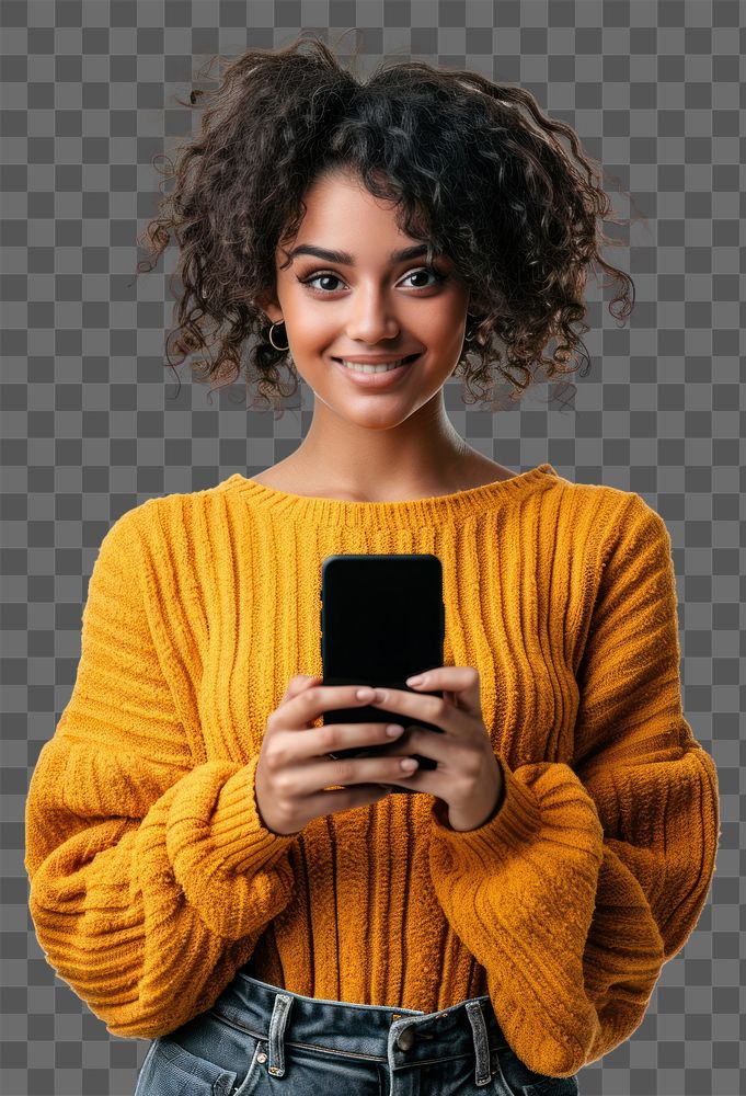 PNG Woman holding a phone sweater photo white background. AI generated Image by rawpixel.