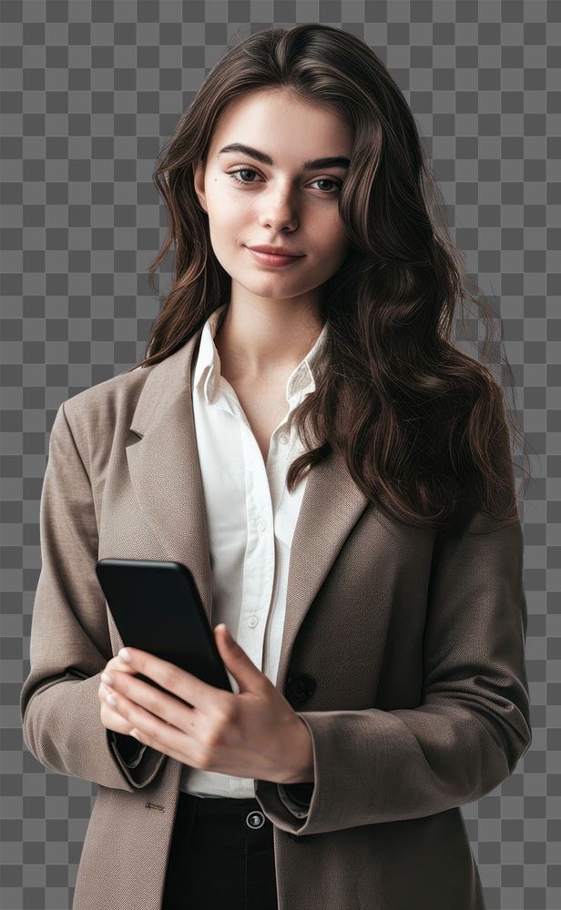PNG Woman holding a phone portrait photo white background. AI generated Image by rawpixel.