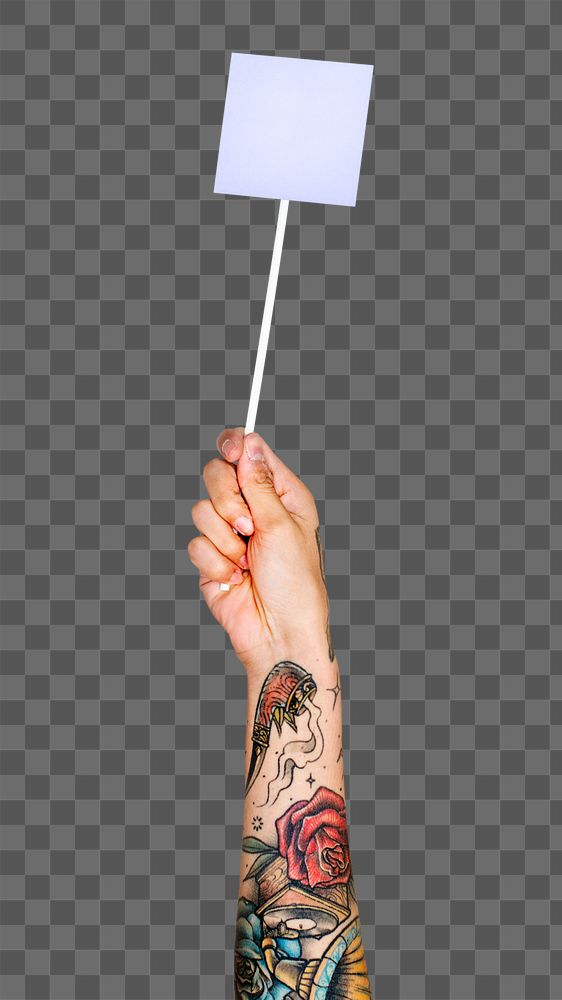 Paper & stick png in tattooed hand sticker on transparent background