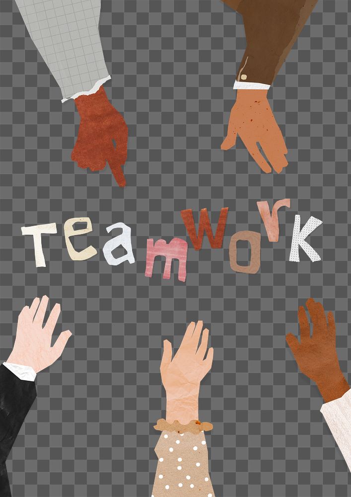 PNG Teamwork word, paper diverse hands united collage, transparent background