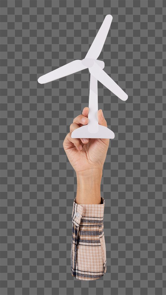 PNG Hand holding Wind turbine sign collage element, transparent background