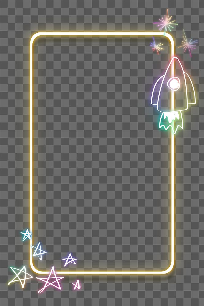 Neon frame png rainbow star rocket doodle