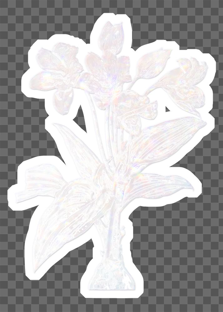 Silvery holographic crinum sticker with a white border