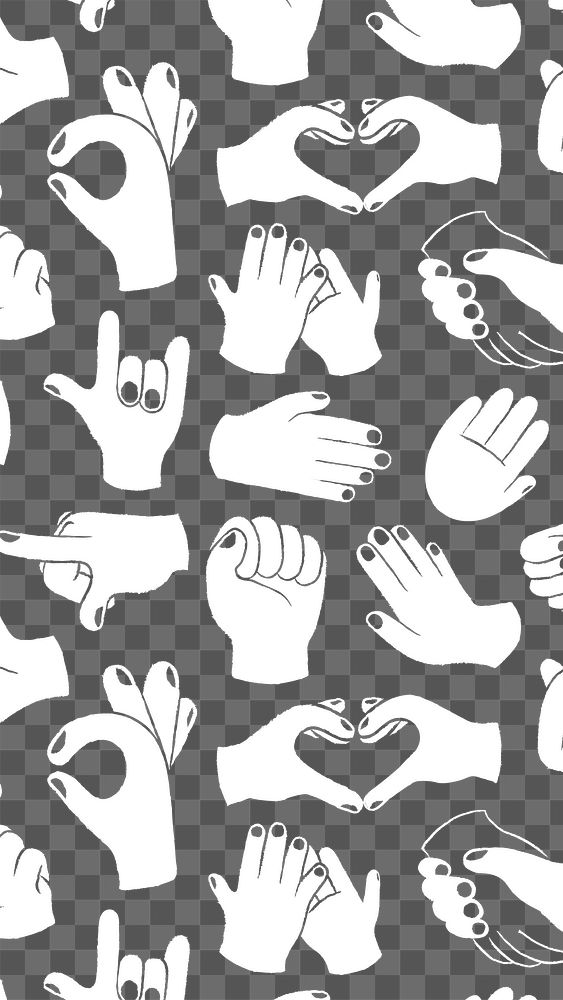 Hand sign png transparent background, doodle pattern in white