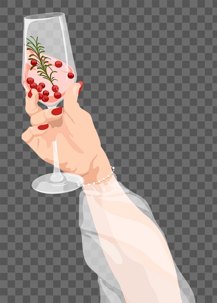 Cranberry rosemary prosecco png sticker, held by hand, drink illustration design