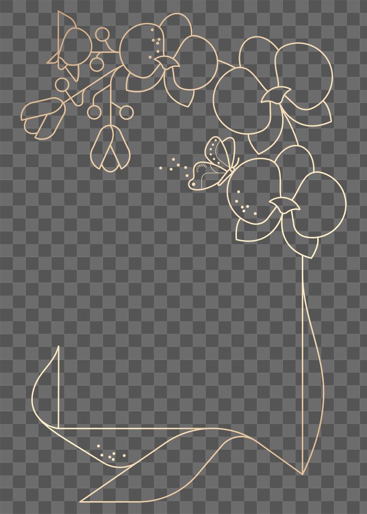 Png gold orchids line art frame, transparent botanical sticker illustration