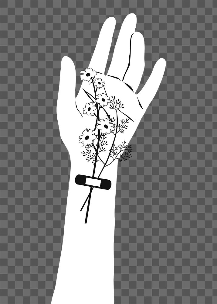 Raising hand png sticker, flower, transparent background